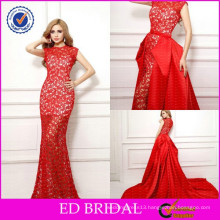 Sexy OEM Factory Lace Fabric Jewel Neck Mermaid Red Evening Dresses with Detachable Train